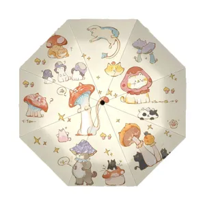 Paraguas plegable con estampado de gato y setas, protección solar UV, diseño automático de tres.