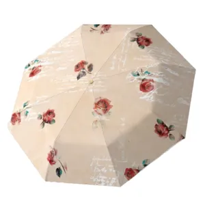 Paraguas plegable con estampado de rosas vintage protección UV para mujer elegante