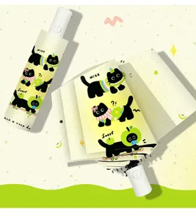 Sombrilla plegable automática con tierno estampado de gato negro y protección UV.