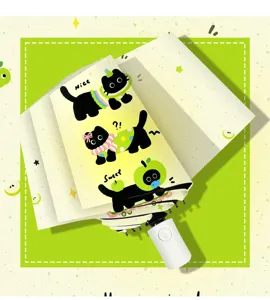 Paraguas plegable gato negro dibujos animados, protección UV paraguas compacto para días soleados.