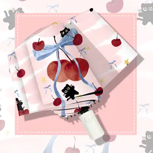 Paraguas Plegable de Tres Pliegues Automático Pegamento Negro Protección UV Sombrilla Dibujos Animados Cereza Gato Negro Sombrilla Plegable