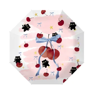 Paraguas automático de gato negro y cerezas, protección UV, sombrilla plegable bonita