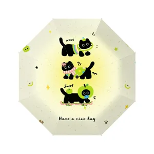 Sombrilla plegable automática de 3 pliegues con estampado de gato negro protección UV