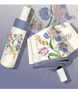 Automatic folding sun umbrella with elegant floral botanical print and matching storage case.