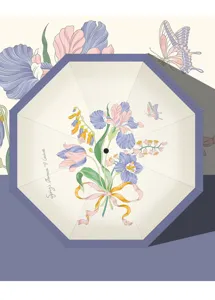 Automatic folding sun umbrella with vintage botanical art print and UV protection.