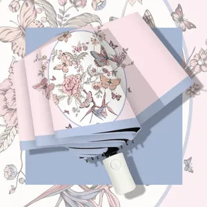 Fully automatic folding sun umbrella with UV protection, black vinyl coating, elegant floral design.