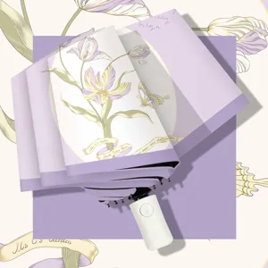 Automatic folding sun umbrella with elegant purple tulip botanical design, UV protection black glue.