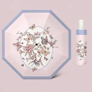 Automatic folding sun umbrella pink floral butterfly UV protection compact travel parasol