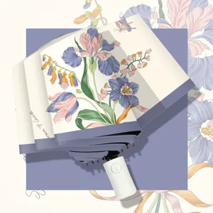 Automatic Folding Sun Umbrella UV Protection Black Coating Floral Print Travel Umbrella Portable Rain And Sun Umbrella