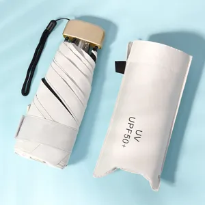 Compact five-fold mini pocket sun umbrella with UV protection and portable storage pouch.