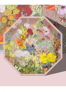 Gedetailleerd overzicht van de automatische paraplu met een mooie olieverf bloemenprint.