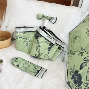Green folding umbrella UV protection floral print compact parasol with bow handle