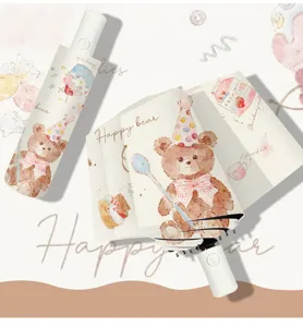 Three-fold automatic folding sun rain umbrella with cute cartoon bear print and UV protection.