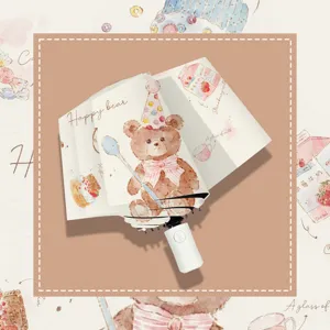 Folding Sun Umbrella UV Protection Black Coating Waterproof Cartoon Bear Print Rain Umbrella Portable Compact Parasol