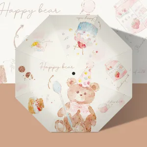 Cute watercolor teddy bear folding umbrella with UV protection and sun shading main image.