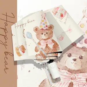 Automatic folding sun umbrella with cute watercolor bear print uv protection sun shade