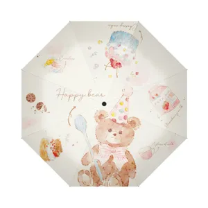 Three-fold automatic folding sun umbrella with cute watercolor bear and dessert print for women.