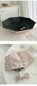 Parapluie de soleil pliant automatique avec imprimé floral, protection UV et doublure noire.