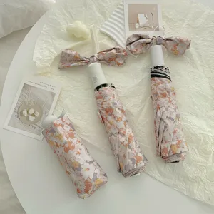 Parapluie soleil floral pliable automatique avec poignée nœud, protection UV pour pluie.