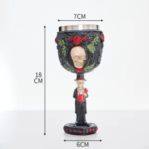 Calice teschio gotico bicchiere vino resina acciaio inox decorazione festa 18cm