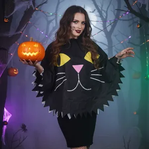 Halloween black cat cape poncho costume for women party cosplay dress up props spooky night outfit