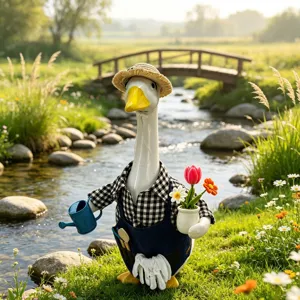 Detalle de cerca del tierno ganso de jardín con camisa a cuadros y sombrero de paja.