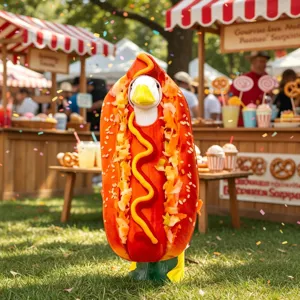 Vue détaillée d'une oie en peluche de 23 pouces en costume de hot-dog pour décoration de fête.