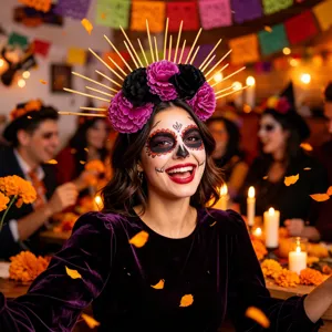 Closeup of festival headdress with gold rays and purple flowers in party scene