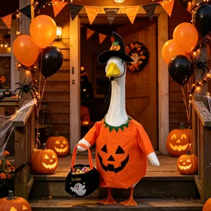 Halloween veranda gans standbeeld kostuum set met pompoen poncho heksenhoed en snoepzakje.