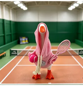 Cute 7-inch desktop sports goose figurine wearing pink hoodie holding tennis racket and ball.
