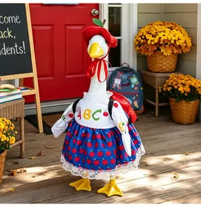 Back-to-school porch goose outfit set with red beret and cute apple pattern skirt for decoration.