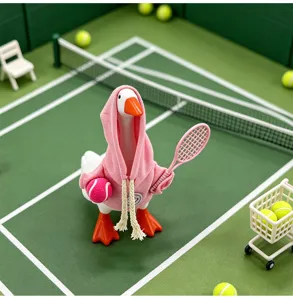 Cute desktop goose figurine wearing pink hoodie holding tennis racket sports style toy