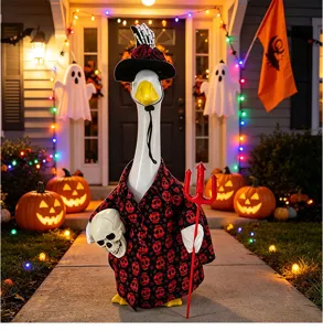 Detailed view of Halloween porch goose costume set, featuring skull cloak and spooky props.