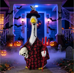 Halloween goose decoration spooky porch outfit with skeleton costume and trident props.