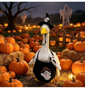 Close-up detail of the Halloween goose costume set featuring a witch hat and ghost bag.