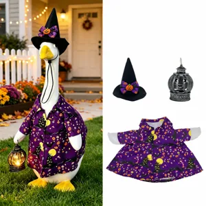 Halloween Porch Goose Costume Set Purple Castle Pumpkin Print Clothes With Witch Hat Glowing Lantern Yard Holiday Decoration