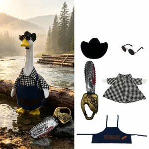 Conjunto de Ropa de Leñador para Ganso de Porche Camisa a Cuadros Delantal de Denim Sombrero Gafas de Sol Mini Motosierra de Juguete Exterior Césped Patio Decoración Estatua Accesorios Ropa