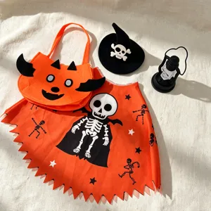 Halloween porch goose outfit set with skeleton cape pumpkin bag and witch hats.