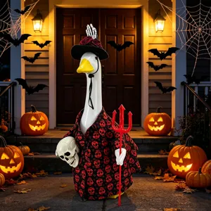 Halloween Skeleton Porch Goose Costume Set For 23 Inch Porch Goose Decoration Red Black Skull Pattern Festive Yard Lawn Decor With Witch Hat Skull Trident Prop