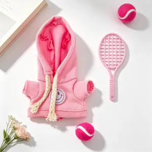 Cute pink sports hoodie outfit with tennis racket and balls for 7-inch desktop plush toy.