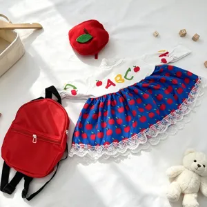 Children adorable apple printed long sleeve top and blue lace skirt set with cute accessories