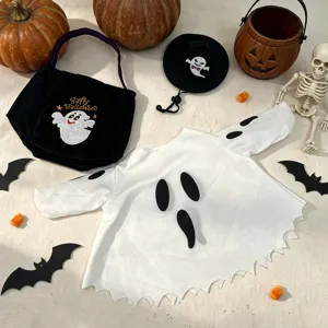 Halloween ghost costume set with embroidered bag and party props for holiday decoration.