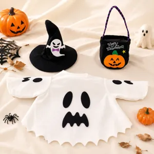 Halloween geest kostuum set met heksenhoed en pompoen tas voor feest verkleedpartij.