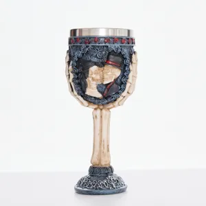 Gothic skeleton couple goblet resin wine cup with stainless steel inner liner for home decor.
