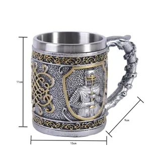 Medieval knight resin beer mug with stainless steel inner liner, retro vintage tankard style.