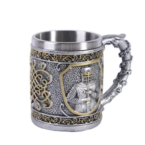 Detailed shot of the medieval knight relief mug, featuring a dragon handle and steel liner.