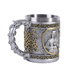 Medieval knight stainless steel beer mug with retro resin carved handle and shield design detail.