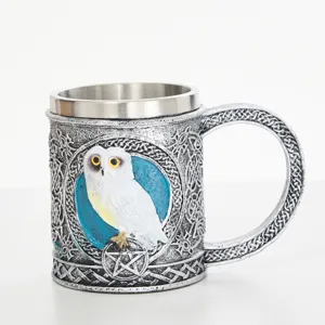 Retro Resin Stainless Steel Owl Coffee Mug Gothic Magic Style Drinking Cup Home Bar Decor