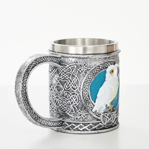 Fantasy white owl resin stainless steel mug gothic medieval style coffee beer cup tankard