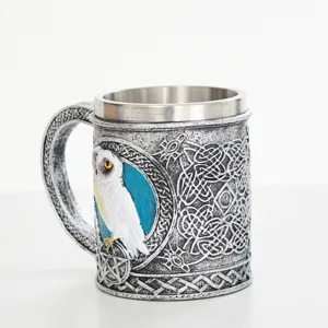 Resin owl coffee mug with stainless steel inner liner, retro Celtic knot relief design.